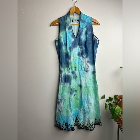 Donna Morgan Fairy Elf Vtg 90s Y2K Tie die 100% Linen Mid Dress Boho fit flare 4 - Picture 1 of 13